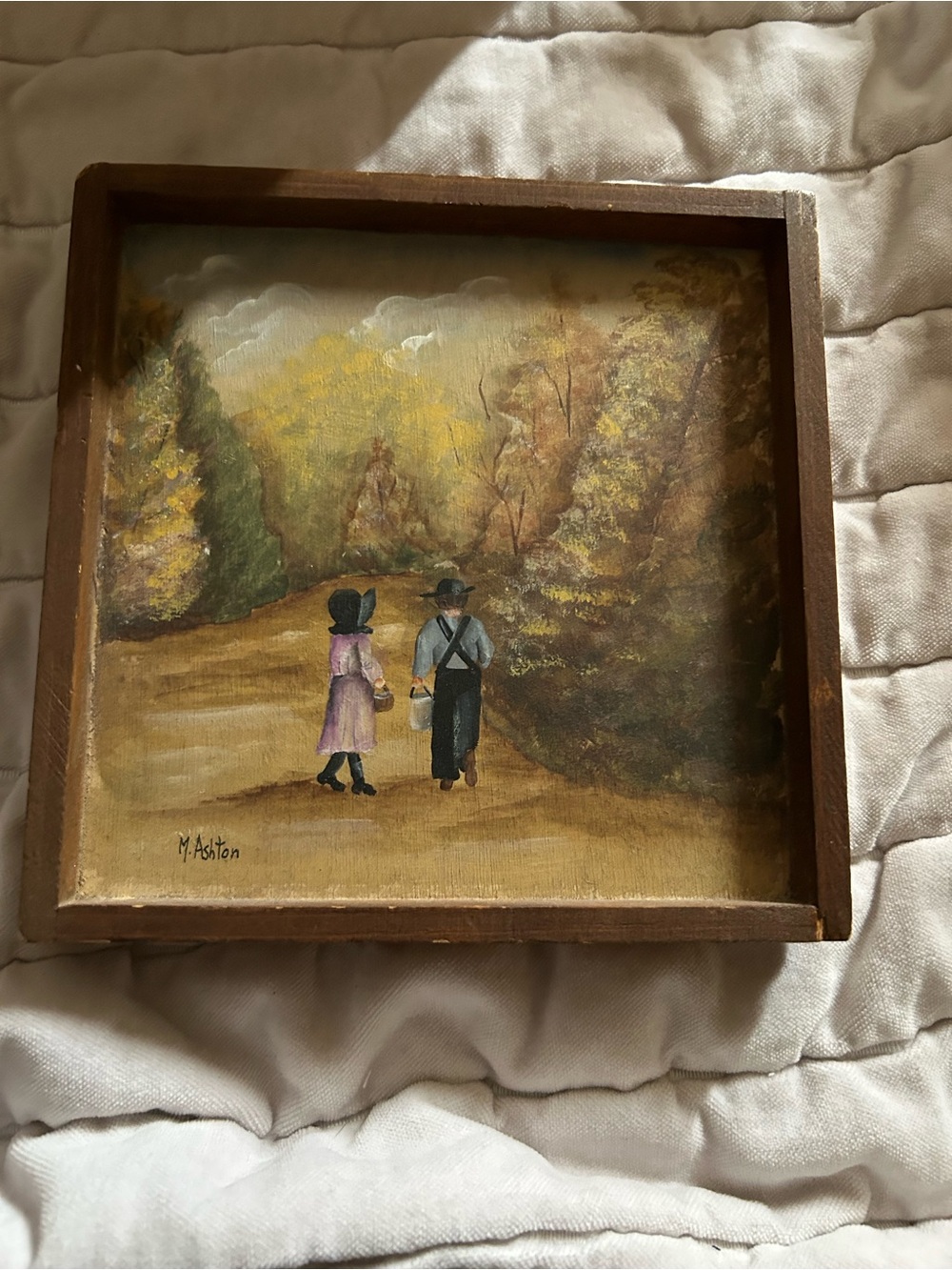 Hand-Painted Autumn Landscape with Figures - Signed M. Ashton